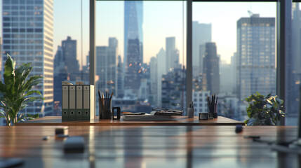 Fototapeta na wymiar Business Elegance: Meeting Room Table Against Window with Sky Background