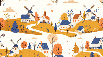 Colorful seamless pattern with watermills and windm