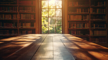 Reading Oasis: Empty Table with Library Shelf Background, Creating a Serene Ambiance with Beautiful...