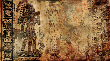Old Maya scroll, with symbols and pictograms from Aztec mythology, featuring the drawing of an ancestral god or shaman for a prophecy. Weathered paper background with mysterious inscriptions