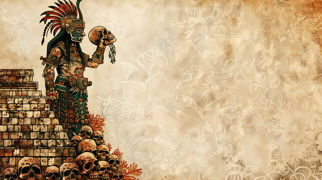 Textured paper of a codex, with the drawing of an Aztec priest shaman, a Mayan pyramid, a pile of human skulls sacrificed in sacred rituals, and a pattern of plants in the background with blank space