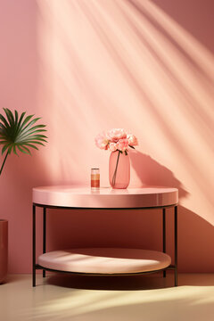 Minimalist futurist style pink entry way, table vases with flowers, and bright natural sunlight.