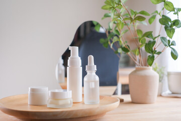 Fototapeta na wymiar The set of white cosmetic skincare bottle and jar for clean beauty product concept.