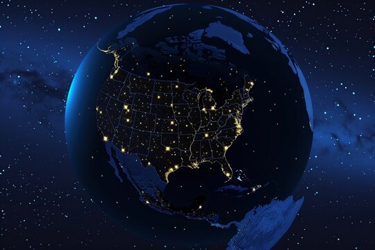 Earth night map united states  Vector illustration of cities lights from space Dark globe map