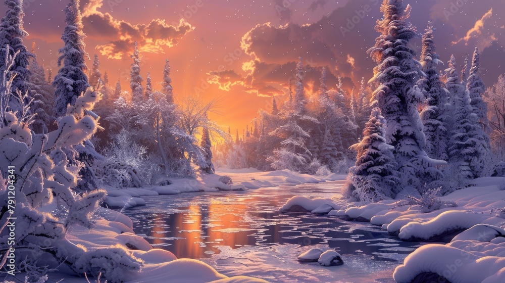 Wall mural frozen winter forest landscape at sunset