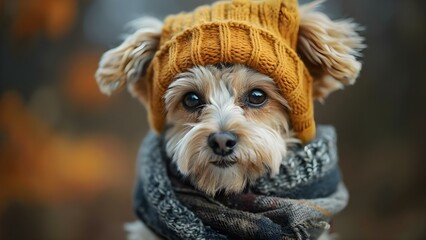 Maltese Terrier Puppy Poses in Hat and Scarf for Travel Photoshoot. Concept Travel Photoshoot, Maltese Terrier Puppy, Hat and Scarf, Poses