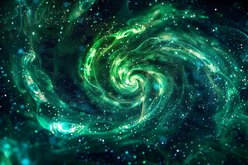 Dynamic neon galaxy with swirling green and blue tones. A captivating cosmic masterpiece on black background.