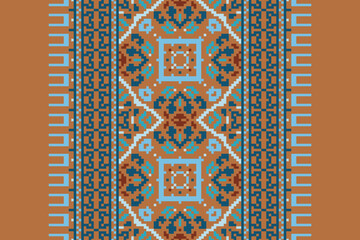 Ethnic pixel geometric seamless pattern with paisley on beige background. Native oriental cross stitch knitting design for fabric, decoration, wallpaper, border decor, element, texture, textile, print