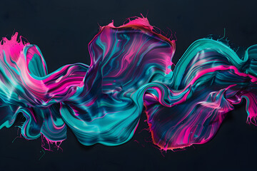 Abstract neon waves painting with pink and turquoise luminous waves. A captivating masterpiece on black background. - obrazy, fototapety, plakaty