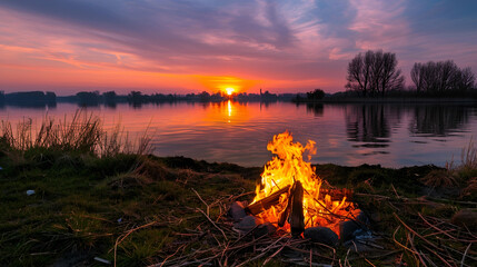 Spring Bonfire by the lake at Sunset. Coastal Camping. spring break