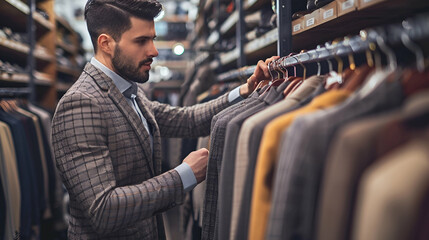 Man Choosing Suit in Clothing Store. Men's Fashion and Style. Businessman Shopping for Suit. Business Attire and Professional Style Concept - obrazy, fototapety, plakaty