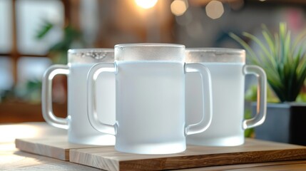 Blank mockup of a set of four frosted glass beer mugs perfect for a stylish dinner party. .