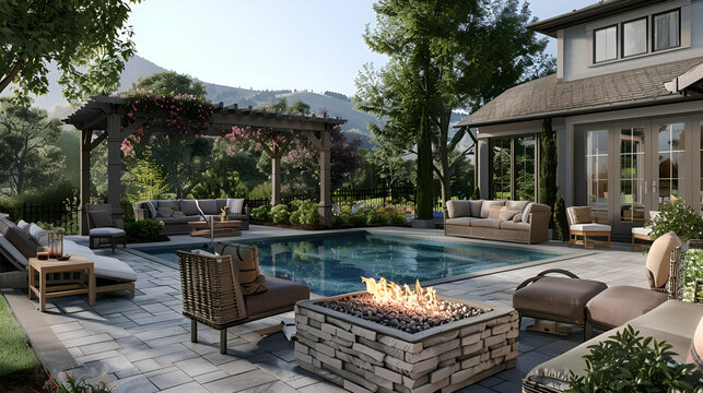 Luxury Patio with Fire Pit and Pool. Outdoor Living Concept 