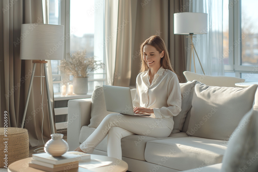 Wall mural a woman in casual business attire sitting on the sofa of her modern apartment, working from home on 