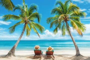A couple relaxing on beach chairs under palm trees, enjoying the view of the blue ocean and white sand on a tropical island, A man and woman sitting back to back wearing sun hats on deckchairs lying