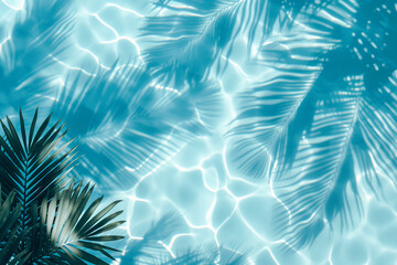 Beautiful abstract background with palm tree shadows on water in pool, blue color