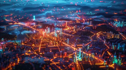 A map of a city with glowing lights representing the roads and buildings.