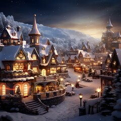 Christmas village in the snow at night. Christmas and New Year concept.