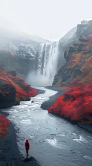Rucksack person standing on a river looking at a waterfall in iceland, in the style of vibrant fantasy landscapes © BOMB8