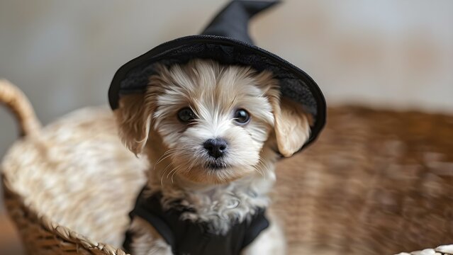Adorable Maltese Terrier Puppy Dressed as a Witch for Enchanting Photo Session. Concept Pet Photography, Halloween Costume, Maltese Terrier, Enchanting Photoshoot, Adorable Puppy