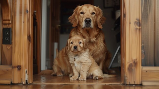 a proud, beautiful golden retriever sat in a doorway with her puppy sat between her front legs