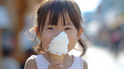 ソフトクリームを食べる男の子 - obrazy, fototapety, plakaty