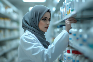 a 25 year old female pharmacist wearing a hijab and pharmacist uniform is checking the medicine...