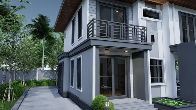 4K video rendering of 3D rendering of 2 storey contemporary house side view  with garage and natural scenery background