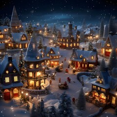 Winter scene with small village, houses and trees, 3d illustration