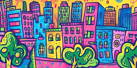 A Whimsical Doodle Cityscape: Bustling Streets and Playful Buildings Perfect for Illustrations