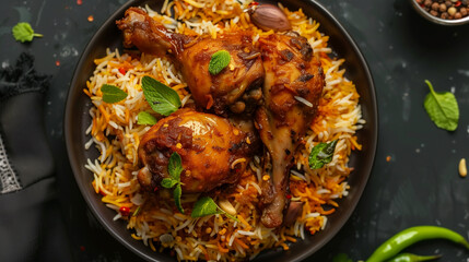 chicken biryani in a plate, meat with rice 