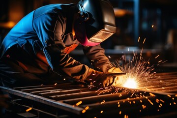 Male welder in protective gear uses torch to join metal pieces. Sparks fly as strong bonds are created. Skilled worker ensures safety for quality weld