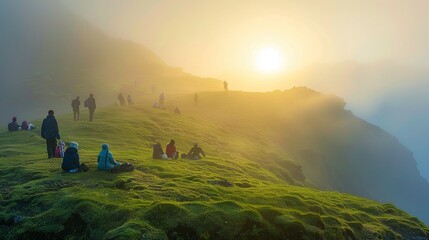 sunset rises, icelandic volcano, in the mist, the tourist crowd rejoiced at the brisk pace, some people sit on the grassy slopes and rest, authentic photography style , stock photographic style - obrazy, fototapety, plakaty
