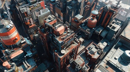 Bring a surreal twist to robotics with an aerial view of a mechanized cityscape, capturing robots in unexpected camera angles using photorealistic digital rendering techniques