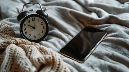 An alarm clock next to a phone with the words Set a tech curfew for better sleep written above emphasizing the link between excessive screen time and disrupted sleep . - obrazy, fototapety, plakaty