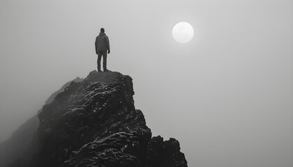 A man standing at the top of the mountain, enjoying the view and a sense of accomplishment in nature. - obrazy, fototapety, plakaty