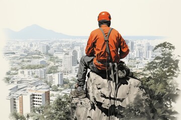 Rock climber in red jacket and helmet gazes at city from high rock. Wearing harness, attached to rope, with city in background. Adventure, challenge, safety gear included
