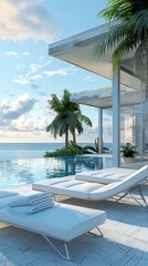 Two white beach loungers by the infinity pool, unreal engine, cinematic lighting