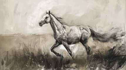 Arabian female horse strolling through field - obrazy, fototapety, plakaty