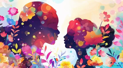 Fototapeta premium illustration of silhouette mom and daughter with flowers in bright colors.