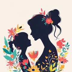 illustration of silhouette mom and daughter with flowers in bright colors.