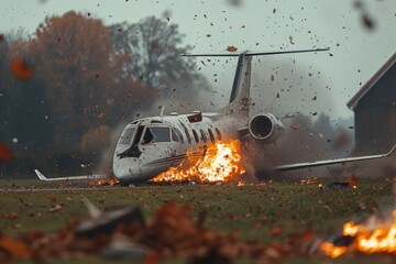 Plane crash airplane on runway catastrophe burning wrecks engine fire failure explosion fuel danger rescuing passengers commercial jet accident takeoff landing collision