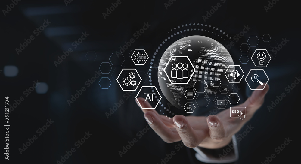 Poster marketing automation concept. global business. automation software technology process system for bus
