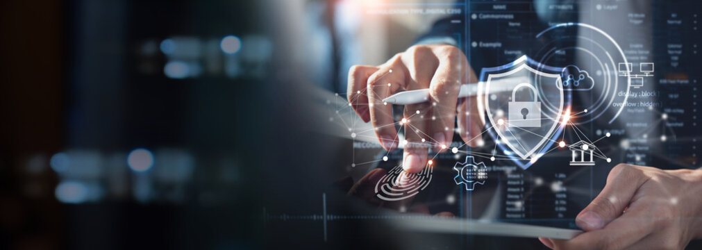 Network security system, Businessman fingerprint scanning unlock to access privacy data network.  Biometric identity and business data protection, cyber security technology