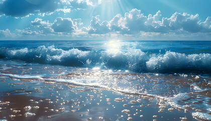 Glittering ocean reflections with sparkling water and a peaceful, beautiful landscape. Perfect for travel and tourism promotions or as a natural background.