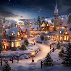 Winter village with snow covered houses and Christmas trees. 3d rendering