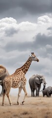 Wild animals group above white clouds in gray sky