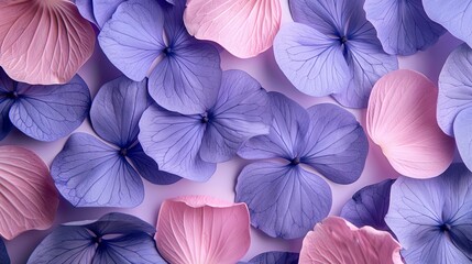 An array of pink and purple hydrangea petals arranged on a soft background.
