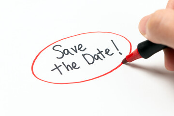 Hand writing text save the date with red marker pen - 791213593