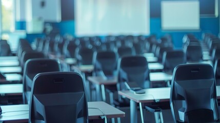 A hazy view of a lecture hall with rows of empty chairs and a faintly visible whiteboard at the front surrounded by a chaotic blur of computer monitors tablets and other technological .